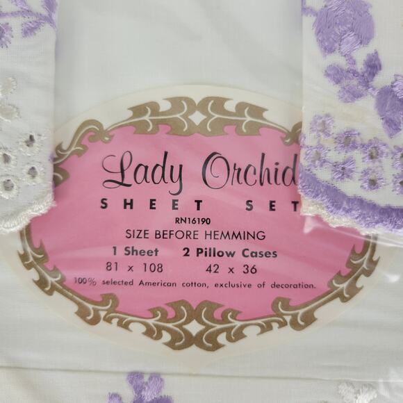 VTG Sheet Set Lilac Floral Embroidered Eyelet Cotton Lady Orchid NEW Old Stock - Picture 7 of 16
